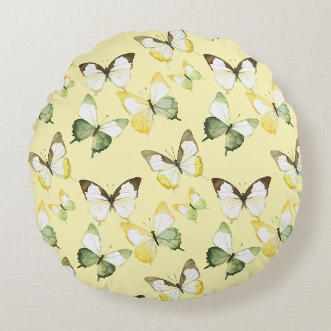 Yellow Green Butterflies Birthday Round Cushion (Front)