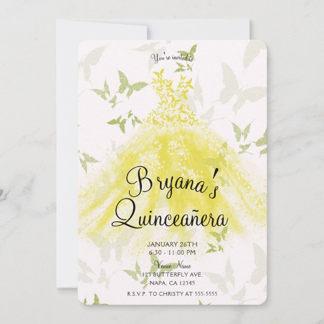 Yellow Green Butterfly Dance Dress Quinceañera Invitation (Front)