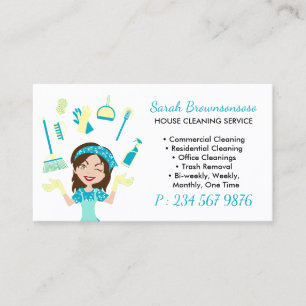 Yellow Green Cartoon House Cleaning Service Business Card