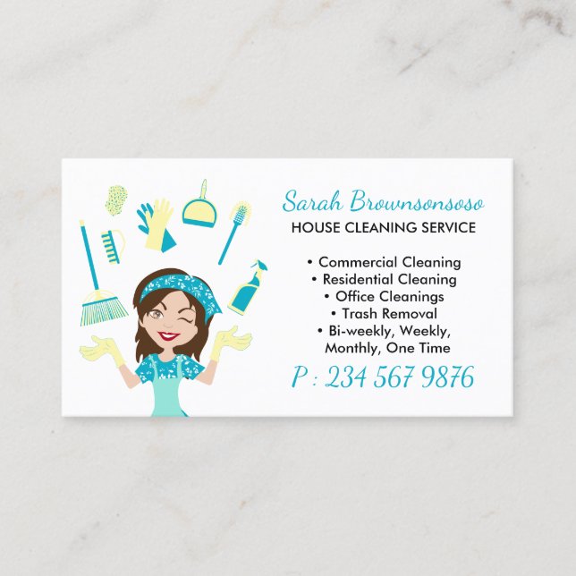 Yellow Green Cartoon House Cleaning Service Business Card (Front)