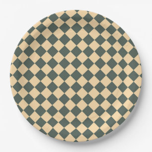Yellow Green Checker Diamond Pattern Paper Plate