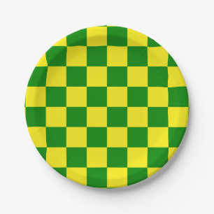 Yellow Green Chequered Check Pattern Paper Plate