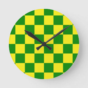 Yellow Green Chequered Check Pattern Round Clock