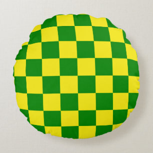 Yellow Green Chequered Check Pattern Round Cushion
