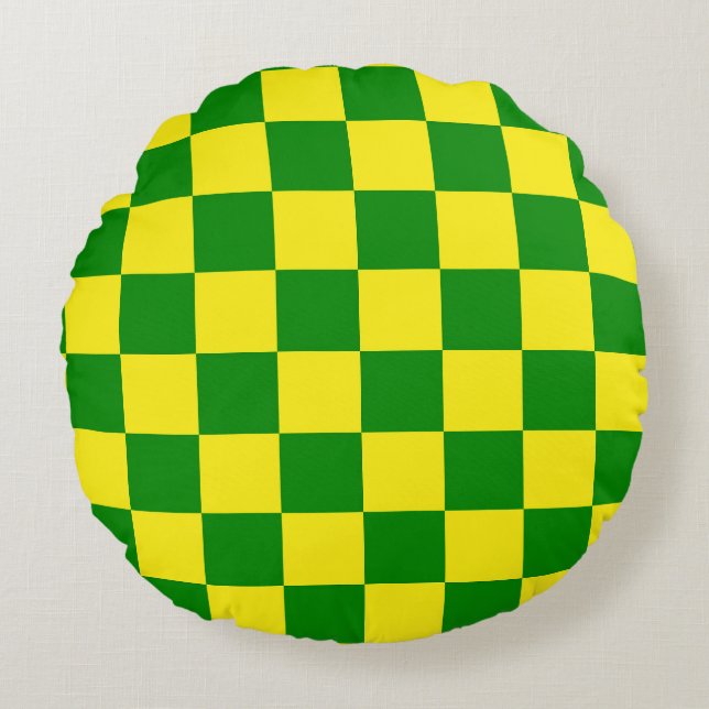 Yellow Green Chequered Check Pattern Round Cushion (Front)