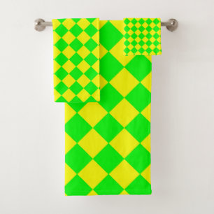 Yellow Green Chequered Diamond Pattern  Bath Towel Set