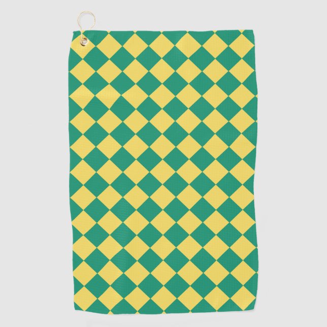 Yellow Green Chequered Diamond Pattern Golf Towel (Front)