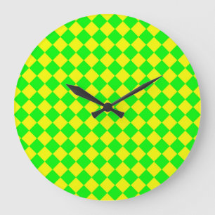 Yellow Green Chequered Diamond Pattern Large Clock