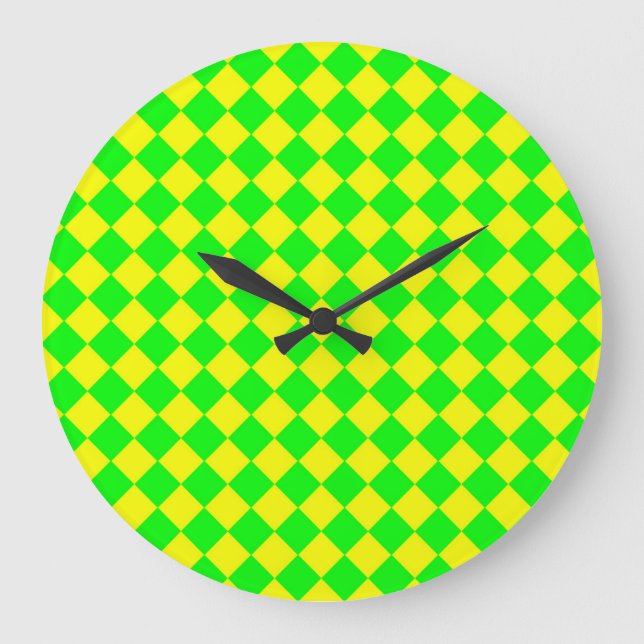 Yellow Green Chequered Diamond Pattern Large Clock (Front)