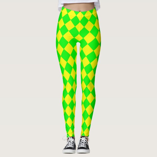 Yellow Green Chequered Diamond Pattern  Leggings (Front)