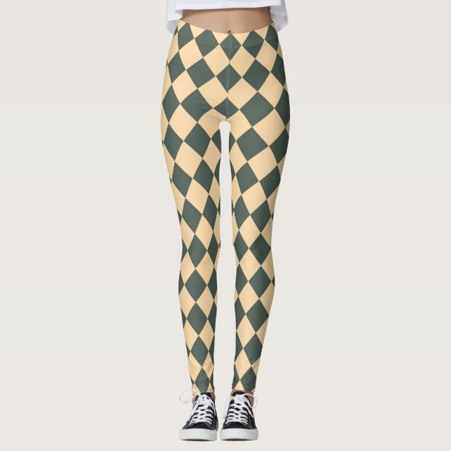 Yellow Green Chequered Diamond Pattern Leggings (Front)