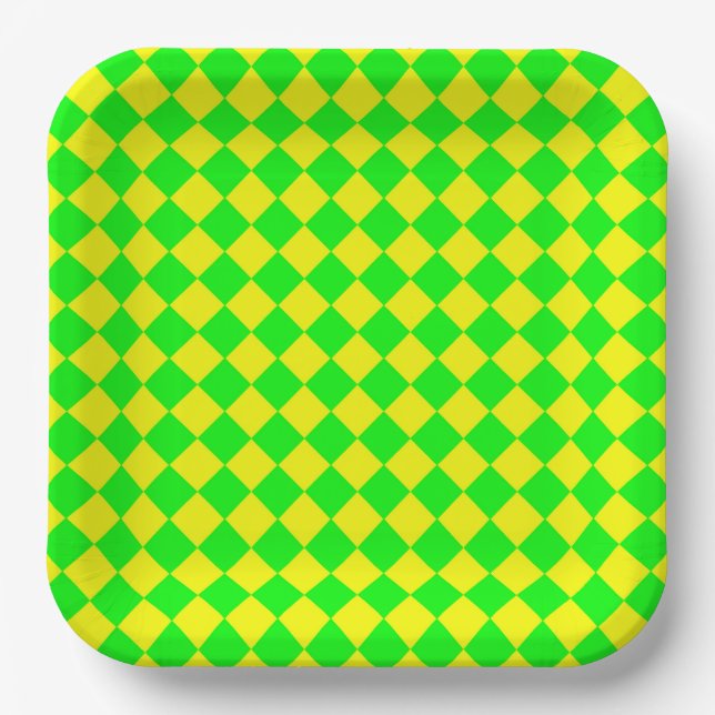 Yellow Green Chequered Diamond Pattern Paper Plate (Front)