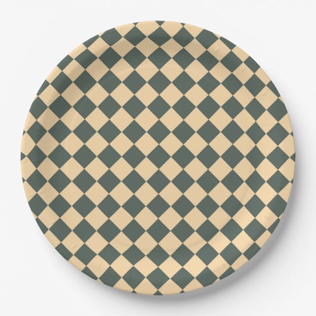 Yellow Green Chequered Diamond Pattern Paper Plate (Front)