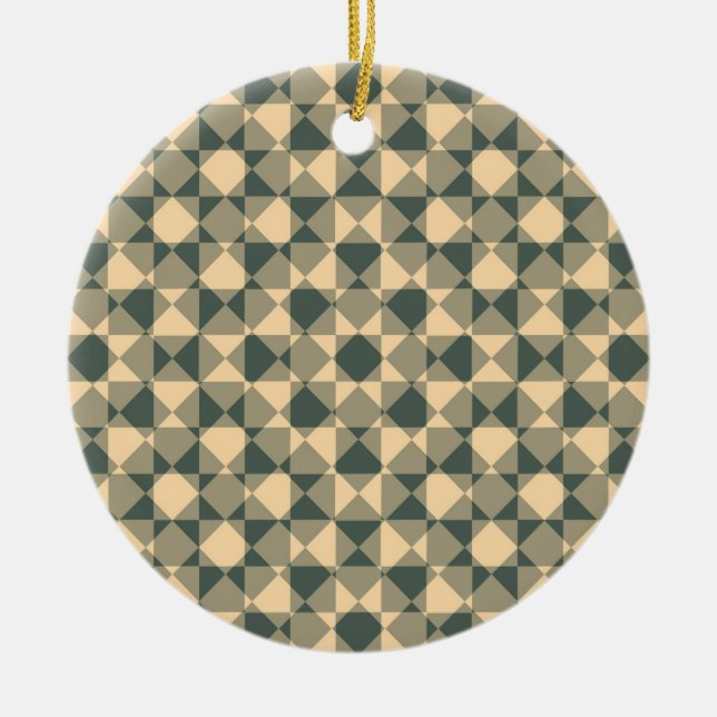 Yellow Green Chequered Diamond Plaid Pattern Ceramic Tree Decoration (Front)