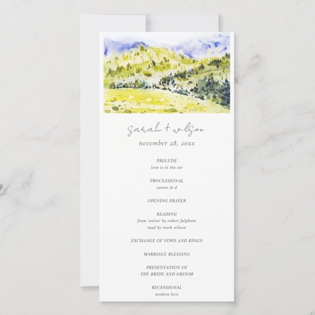 Yellow Green Countryside Hills Wedding Program Thank You Card (Front)