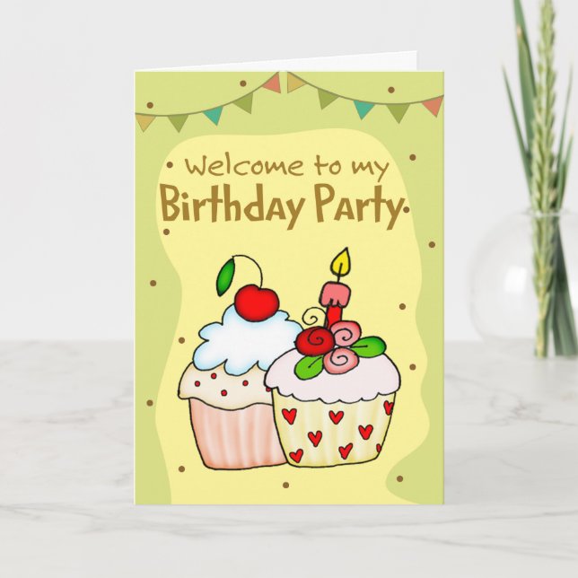 Yellow Green Cupcakes Birthday Invitation Card (Front)