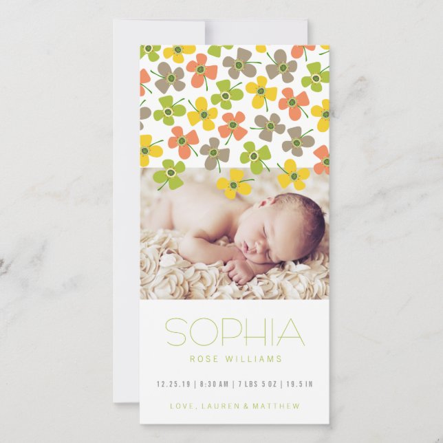 Yellow Green Daisies Baby Girl Birth Announcement (Front)