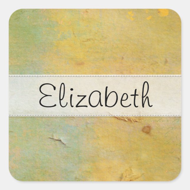 Yellow Green Damaged Cardboard Stitched Vellum Square Sticker (Front)