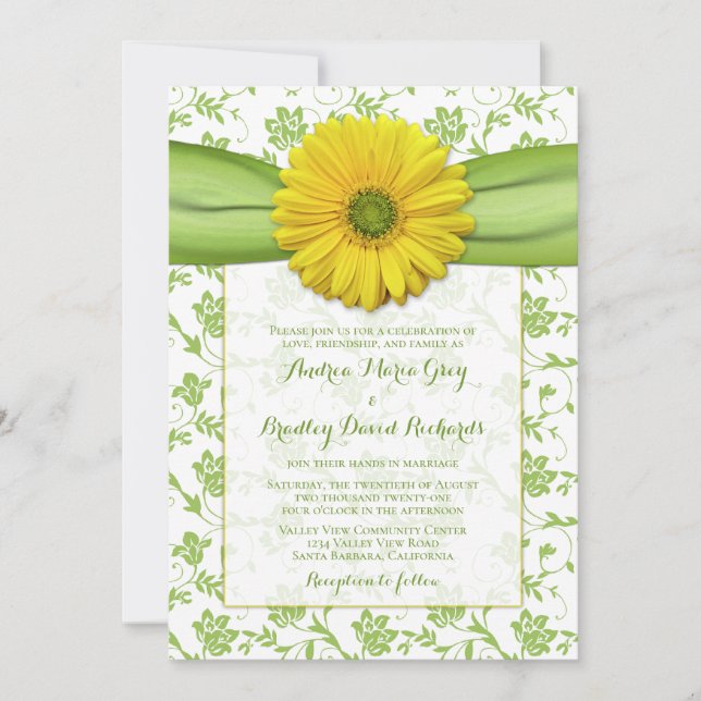 Yellow Green Damask Daisy Wedding Invitation (Front)