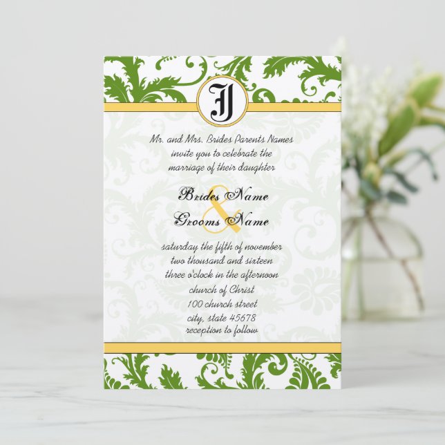 Yellow & Green Damask Swirls Wedding Invitations (Standing Front)