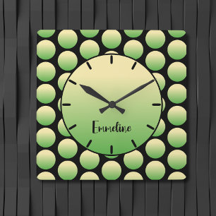 Yellow Green Dots Black Script Name Typography Square Wall Clock