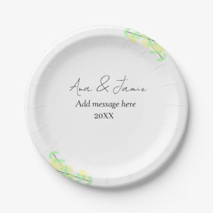 yellow green floral abstract wedding couple name d paper plate