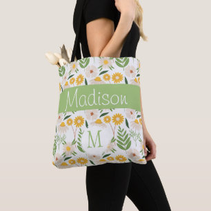 Yellow Green Floral Girly Initial Monogram Tote Bag