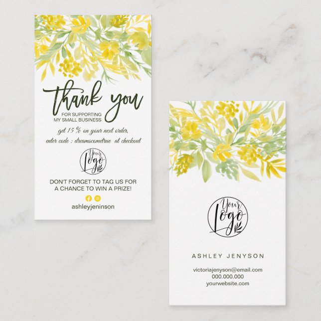 Yellow green floral script logo order thank you business card (Front/Back)