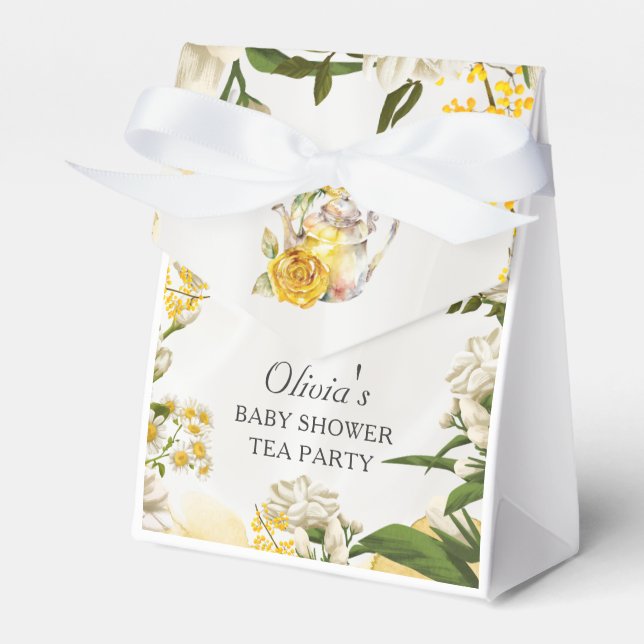 Yellow Green Floral Tea Party Baby Shower Paper Favour Box (Front Side)
