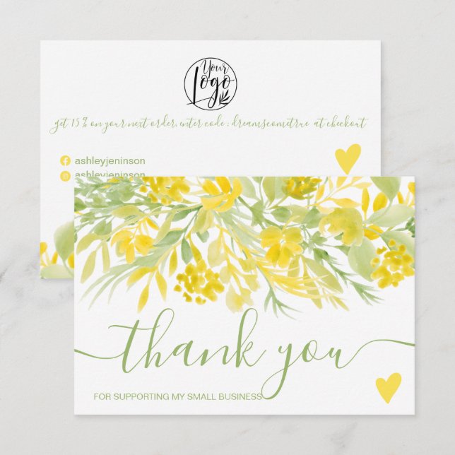 Yellow green floral watercolor order thank you (Front/Back)