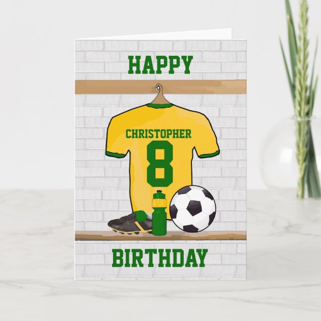 Yellow Green Football Soccer Jersey Birthday Card (Front)