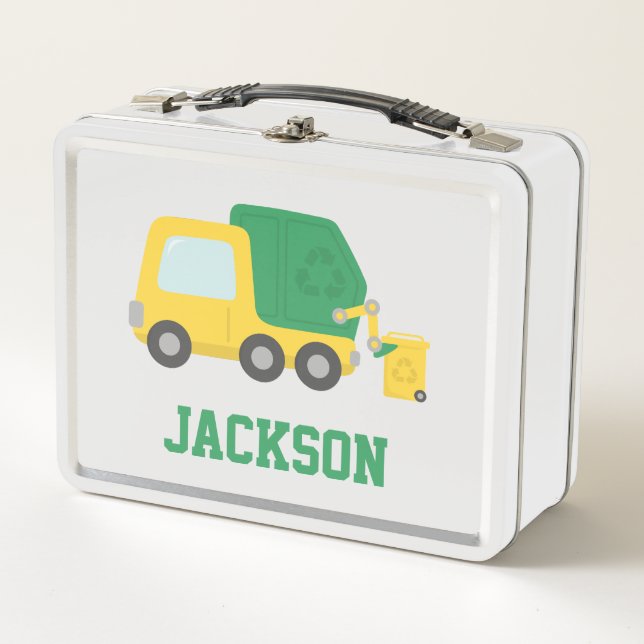 Yellow Green Garbage Truck Kids Personalised Metal Lunch Box (Front)