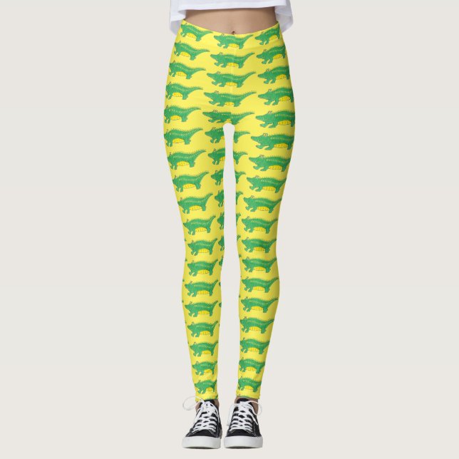 Yellow Green Gator Alligator Crocodile Croc Animal Leggings (Front)