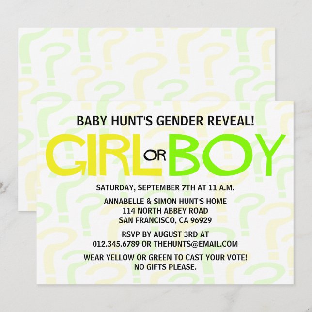 Yellow & Green Gender Reveal Baby Shower Party Invitation (Front/Back)