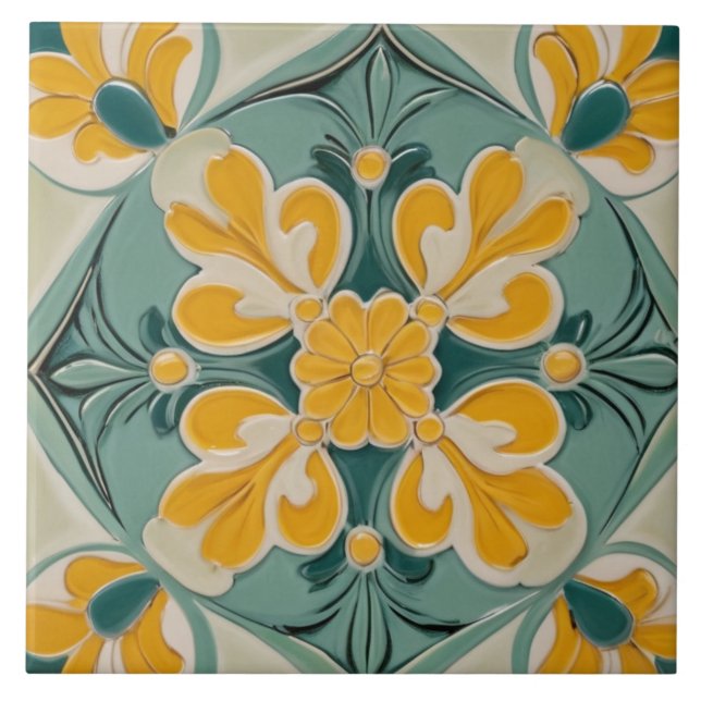 Yellow Green Geometric Floral Flower Mediterranean Tile (Front)