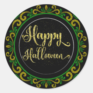 Yellow Green Gold Glitter On Black Happy Halloween Classic Round Sticker