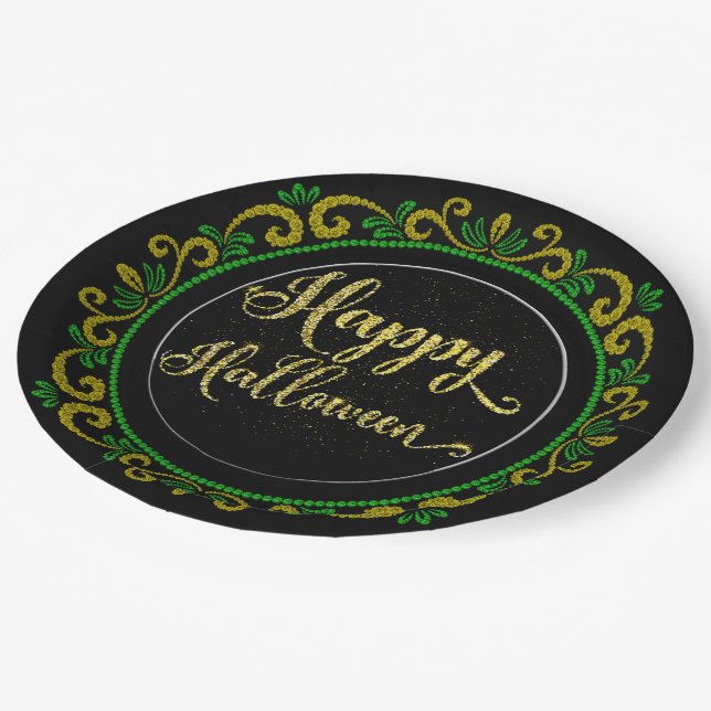 Yellow Green Gold Glitter On Black Happy Halloween Paper Plate (Angled)