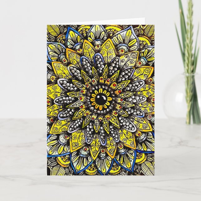 Yellow Green Hand Drawn Mandala Design Card (Front)