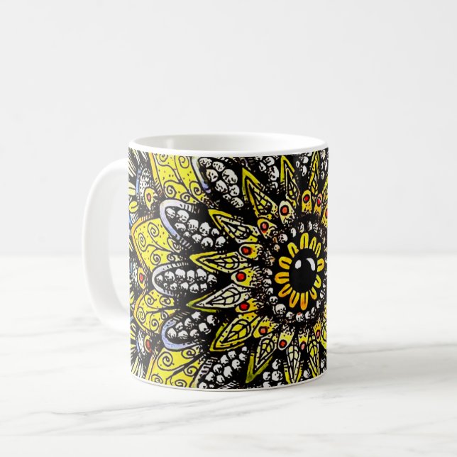 Yellow Green Hand Drawn Mandala Design Coffee Mug (Front Left)
