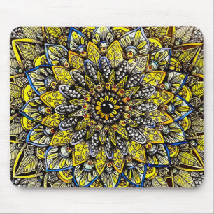Yellow Green Hand Drawn Mandala Design Mouse Mat