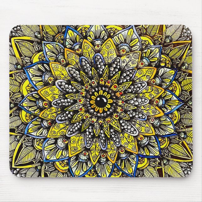 Yellow Green Hand Drawn Mandala Design Mouse Mat (Front)