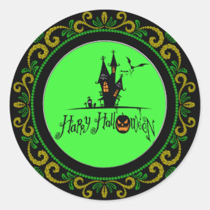 Yellow Green Happy Halloween Haunted House Classic Round Sticker