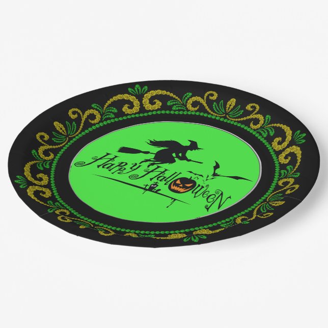 Yellow Green Happy Halloween Witch And Bats Paper Plate (Angled)