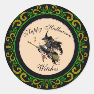 Yellow Green Happy Halloween Witches Classic Round Sticker