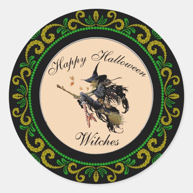 Yellow Green Happy Halloween Witches Classic Round Sticker (Front)