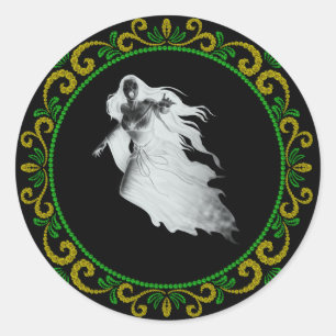 Yellow Green Lady In White Ghost Halloween Classic Round Sticker