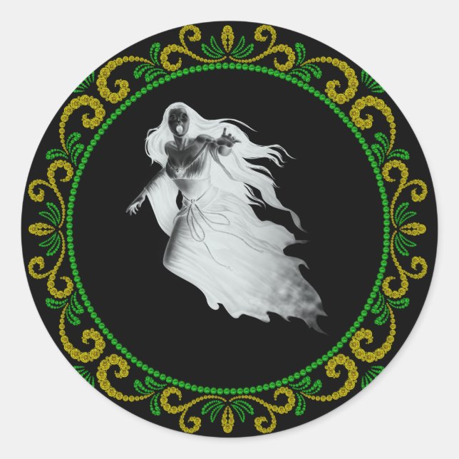 Yellow Green Lady In White Ghost Halloween Classic Round Sticker (Front)