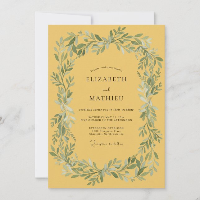 Yellow Green Leafy Border Wedding Invitation (Front)
