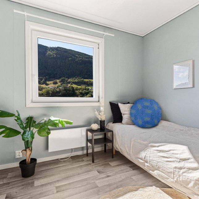 Yellow green leaves pattern blue round cushion (Creator Uploaded)