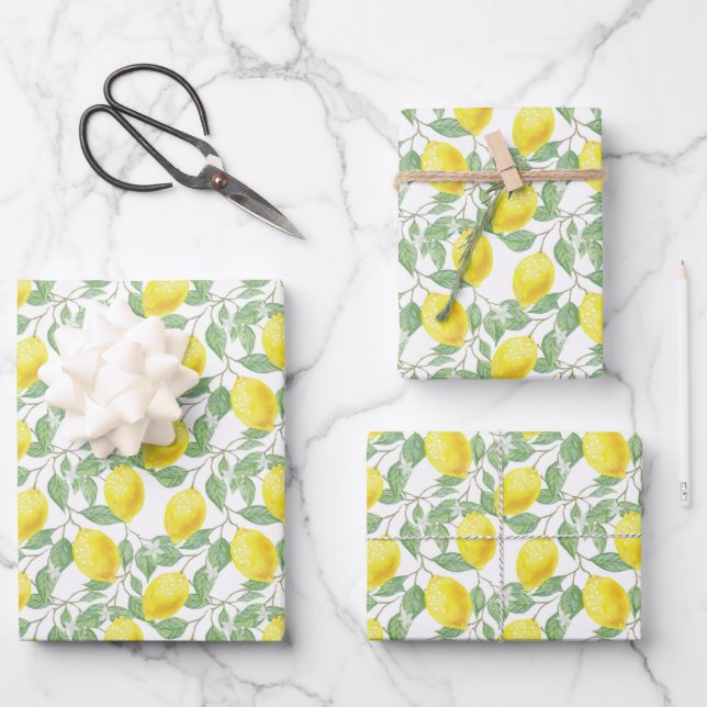 Yellow & Green Lemon Tree Pattern  Wrapping Paper Sheet (Front)